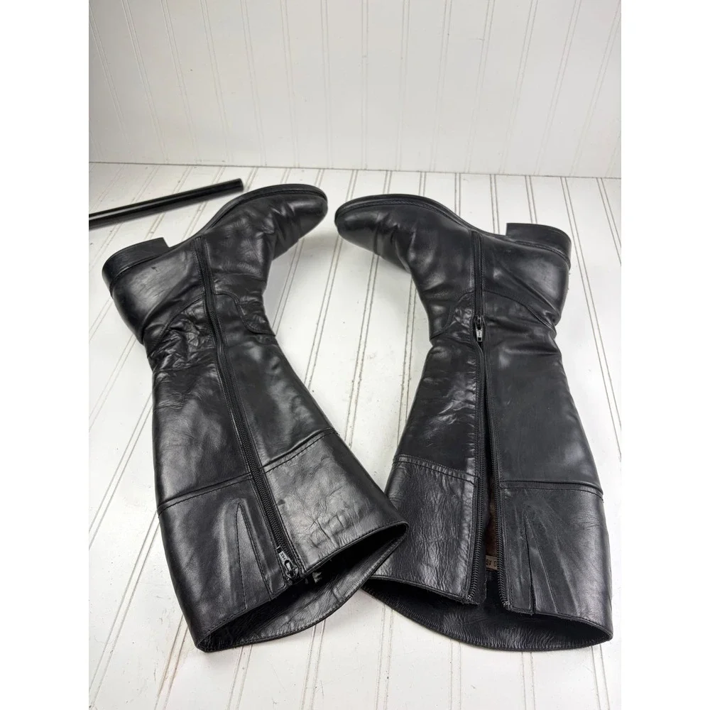 Manas Vintage Black Leather Shearling Lined Tall Riding Boots Women's Size 8.5